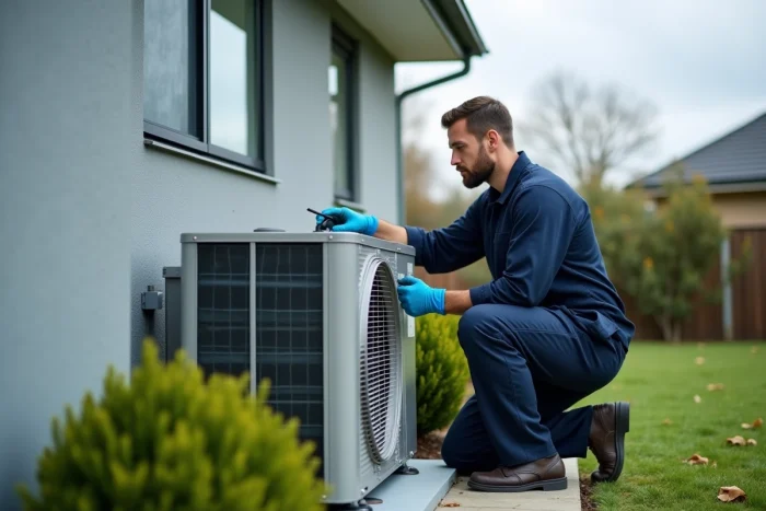Technicien en train d'installer une pompe à chaleur air eau sur la façade extérieure d'une maison moderne