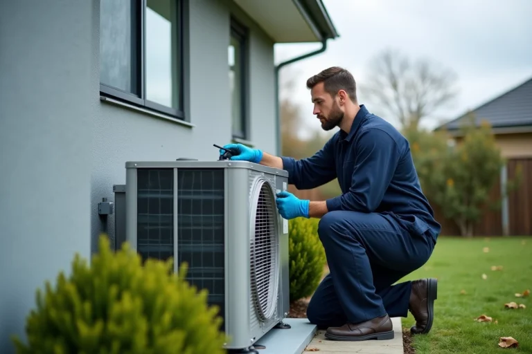 Technicien en train d'installer une pompe à chaleur air eau sur la façade extérieure d'une maison moderne