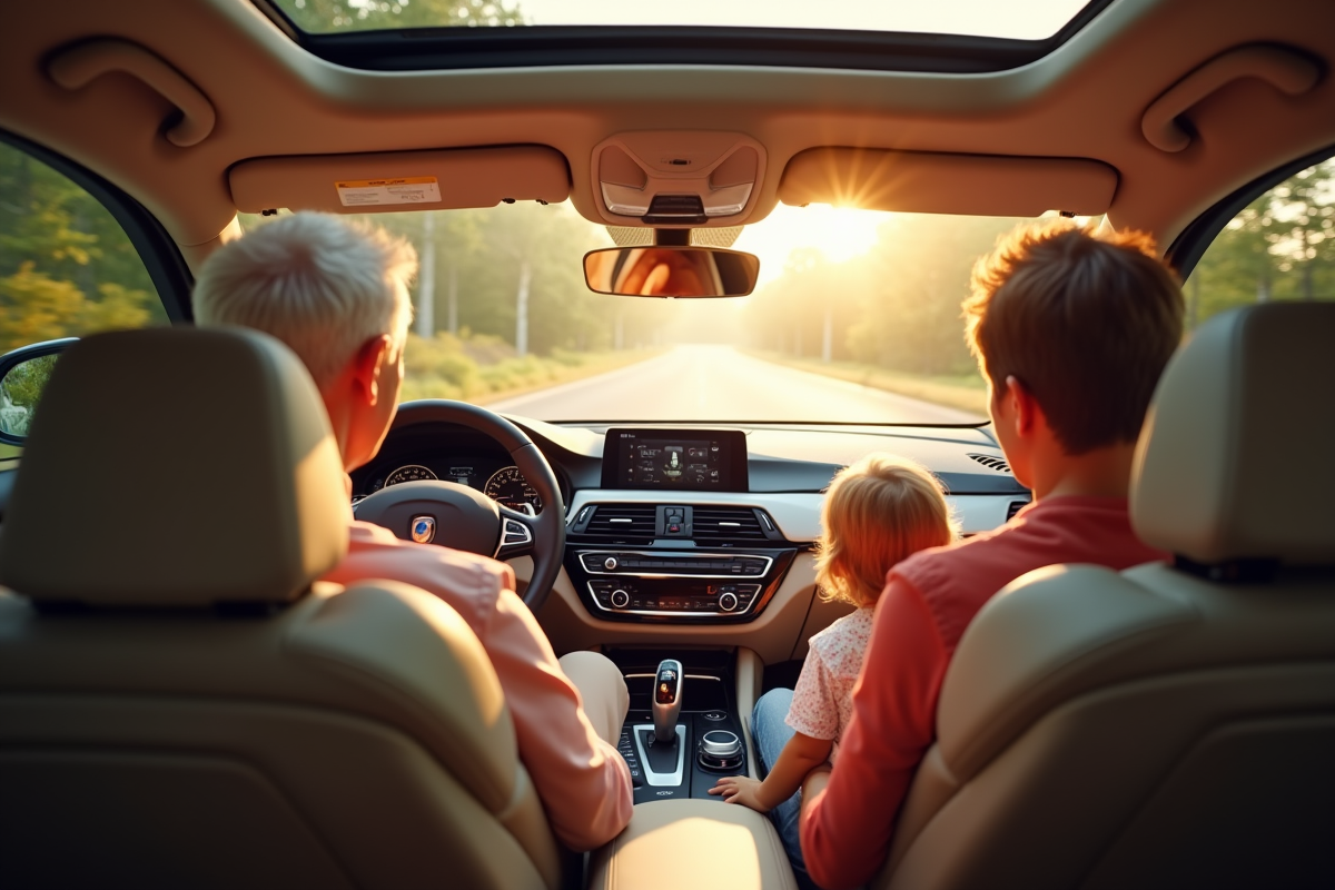 Intérieur de voiture familial avec trois générations en voyage
