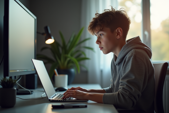Jeune adulte jouant en ligne sur un ordinateur portable lumineux
