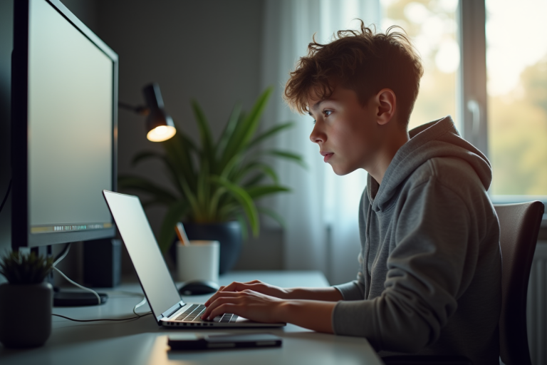 Jeune adulte jouant en ligne sur un ordinateur portable lumineux