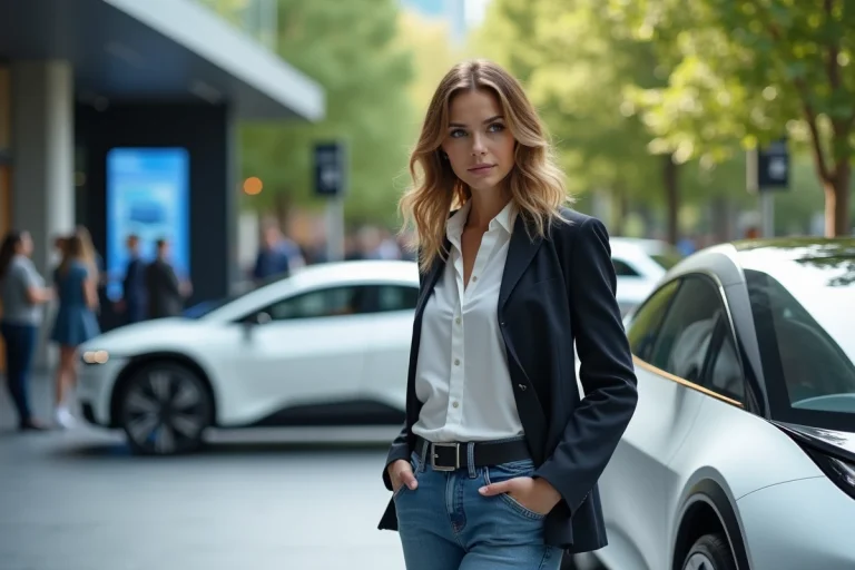 Jeune femme examine une voiture électrique futuriste lors d'un salon auto