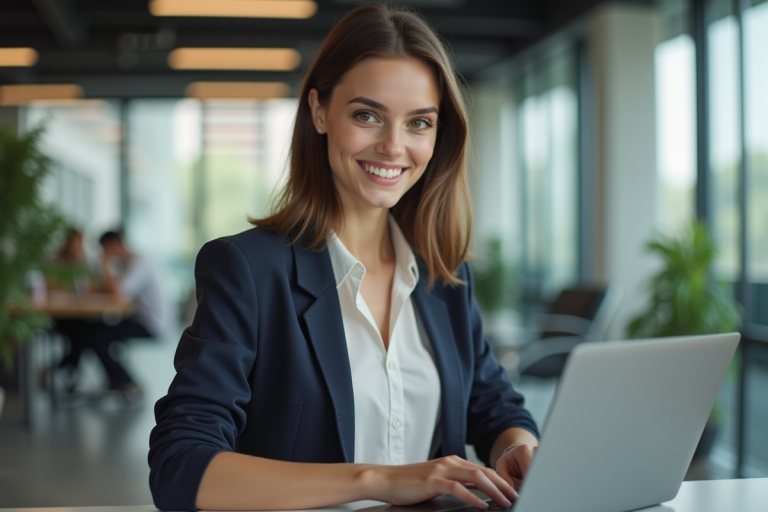 Jeune femme professionnelle travaillant sur un ordinateur dans un bureau moderne