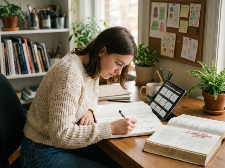 Jeune femme dessinant dans un bureau cosy et organisé