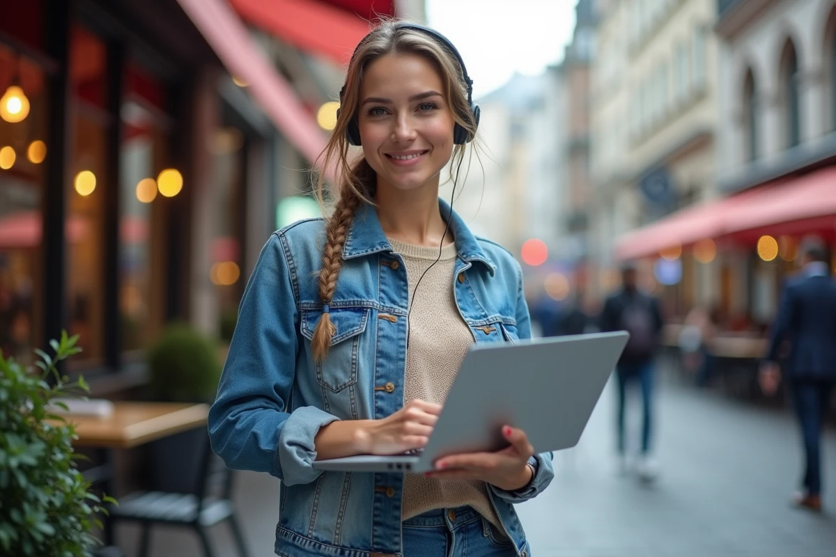 Jeune femme entrepreneure dans un café urbain