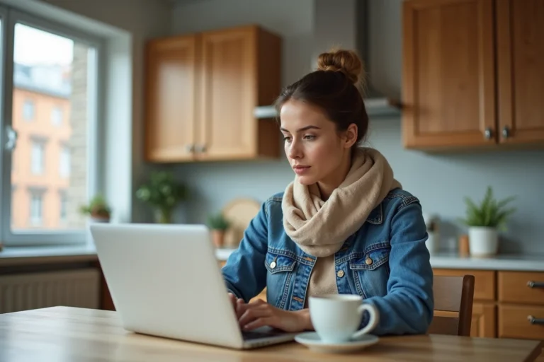 Jeune femme en denim et écharpe beige travaillant sur son ordinateur en cuisine