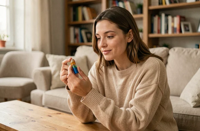 Jeune femme tenant une puff colorée et l'examinant dans un salon cosy, illustration d'achat de puff pas chère sur internet