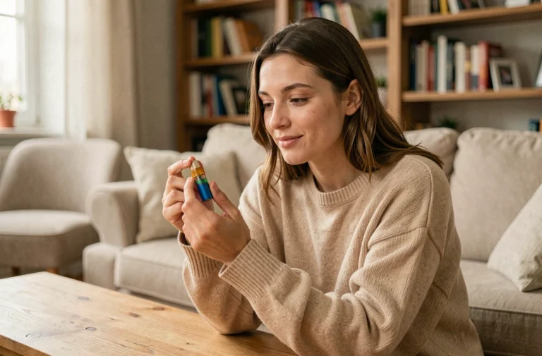 Jeune femme tenant une puff colorée et l'examinant dans un salon cosy, illustration d'achat de puff pas chère sur internet