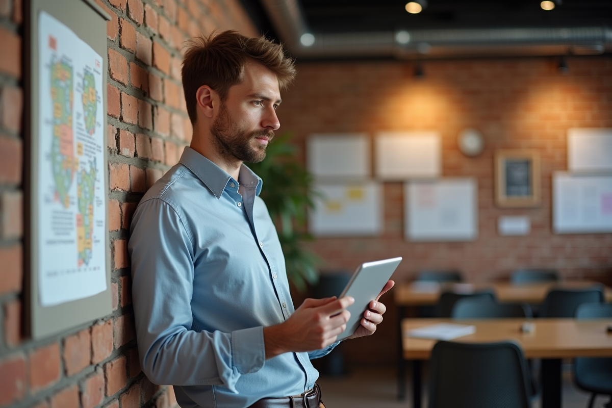 Jeune homme avec tablette dans un espace de coworking créatif