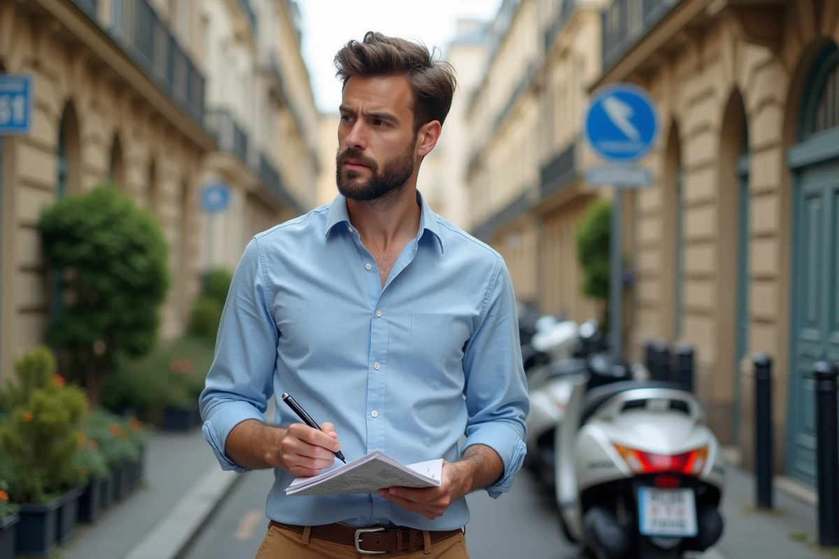 Jeune homme français avec carte dans rue parisienne