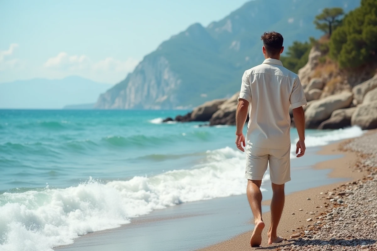 Jeune homme marchant sur la plage d