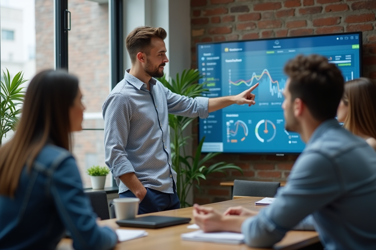 Jeune homme explique un tableau de bord digital à ses collègues