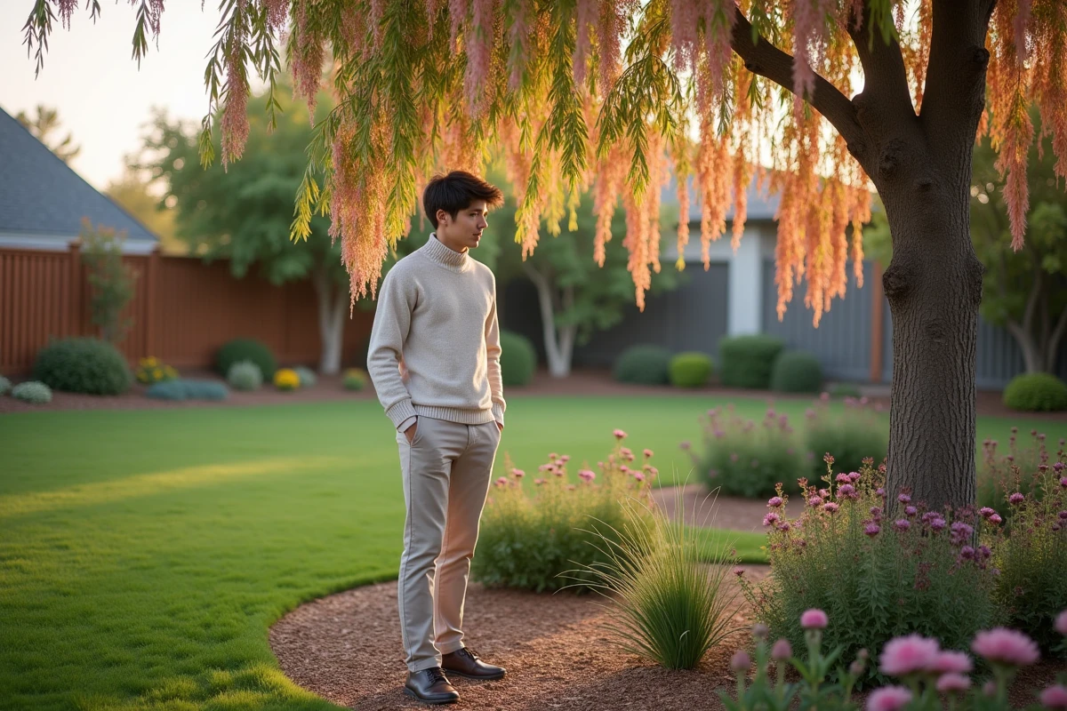 Jeune homme observant un saule à pointe rose dans le jardin