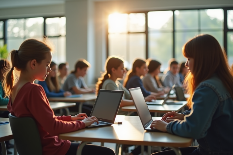 Jeunes lycéens en classe utilisant des ordinateurs portables