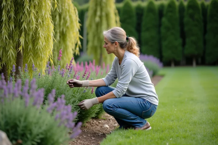 Femme d'âge moyen en jardinage près d'un saule variegé