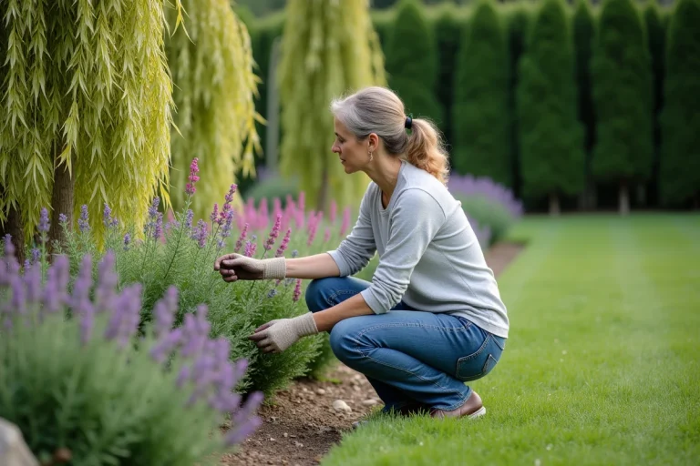 Femme d'âge moyen en jardinage près d'un saule variegé