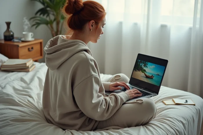 Femme regardant Lost en streaming légalement sur laptop dans sa chambre en 2024