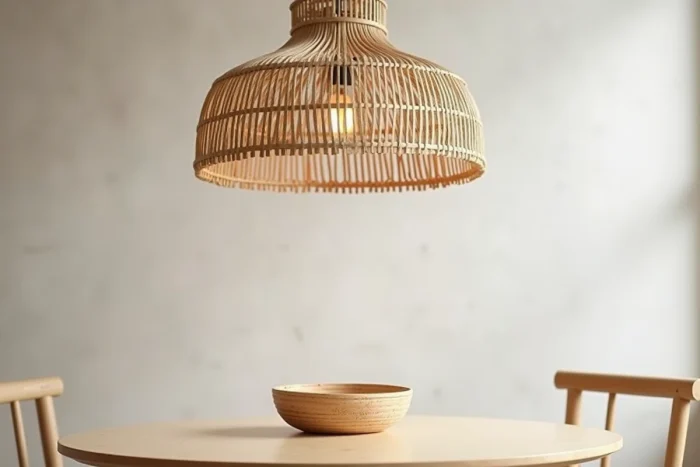 Luminaire suspendu en fibres naturelles rotin et herbe marine au-dessus d'une table ronde en bois