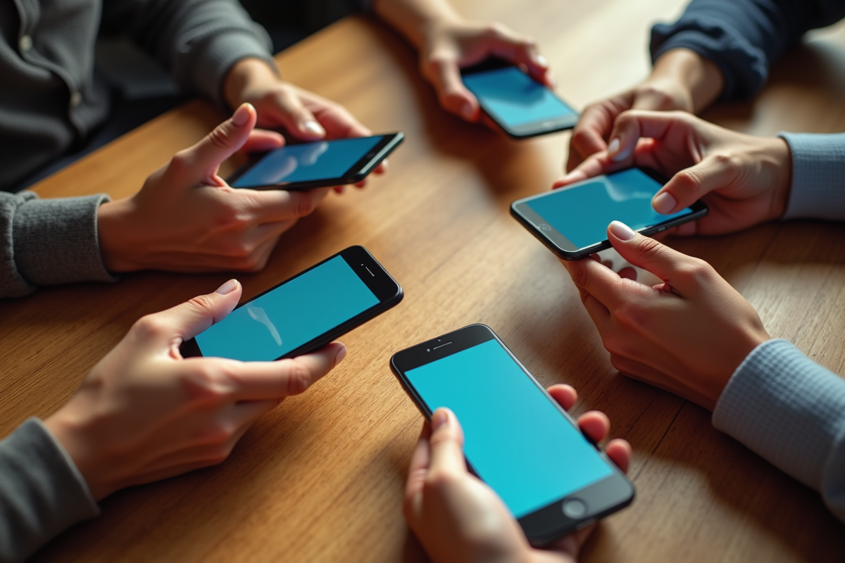 Mains de différentes ages tenant des téléphones sur une table en bois