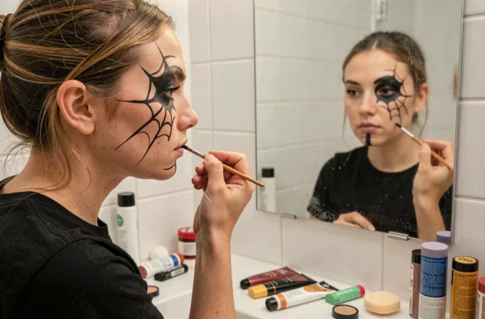 Jeune femme appliquant un maquillage araignée noir devant un miroir de salle de bain avec un pinceau fin