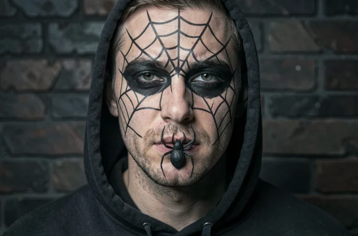 Portrait d'un homme avec maquillage araignée complet réalisé avec du crayon eyeliner et de la peinture visage devant un mur de briques