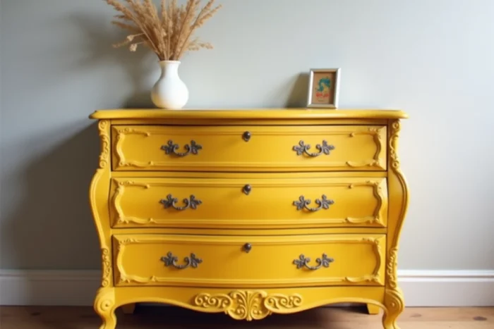 Meuble ancien chiné repeint en jaune moutarde vif dans une chambre aux murs gris clair