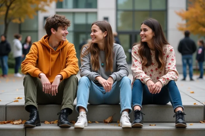 Groupe de jeunes étudiants aux styles vestimentaires variés assis sur des marches de campus, illustrant la diversité des identités de mode chez les jeunes