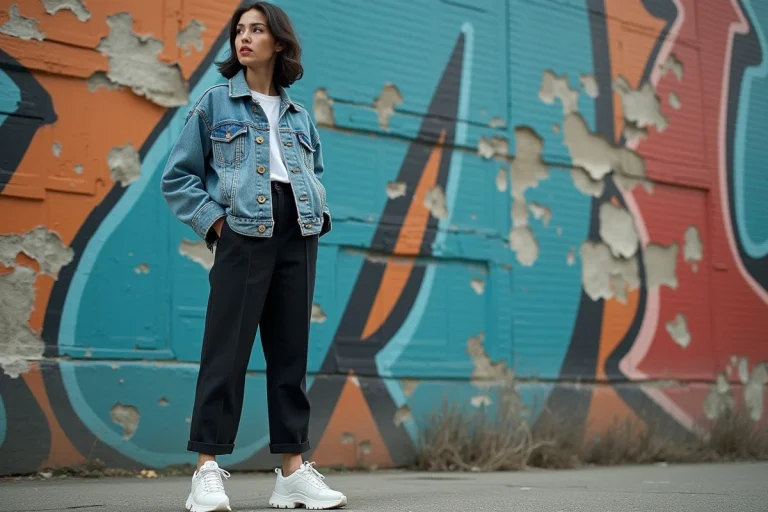 Jeune femme urbaine exprimant son identité à travers un style vestimentaire soigné devant un mur de graffitis colorés en ville