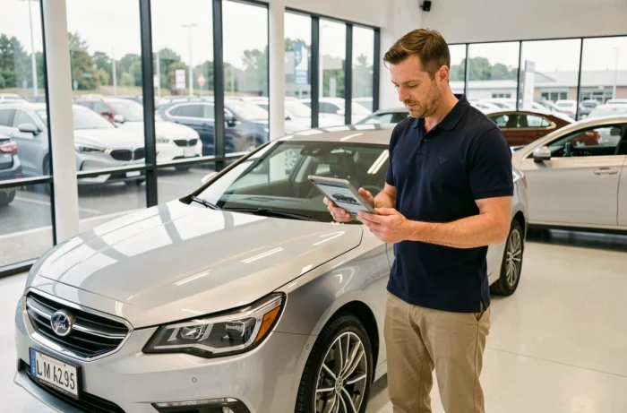 Homme parcourant un site de personnalisation véhicule sur tablette dans une concession automobile