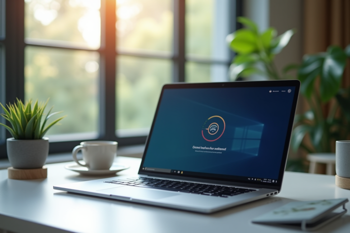 Ordinateur portable sur un bureau moderne avec mise a jour Windows