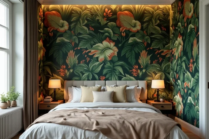 Papier peint panoramique botanique dans une alcôve de tête de lit avec literie neutre