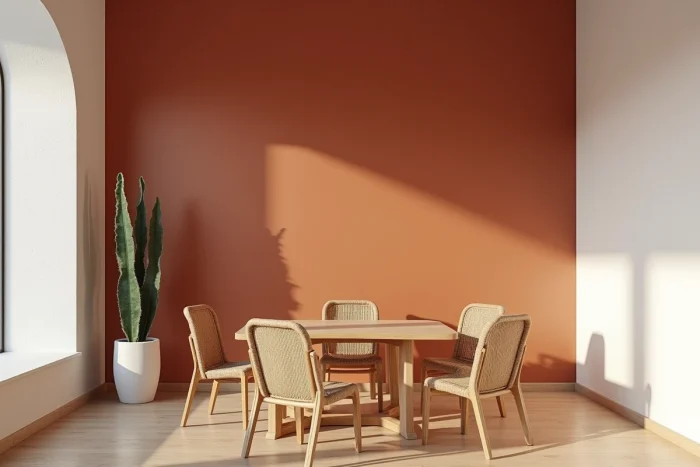 Mur peint en couleur terracotta dans une salle à manger lumineuse avec table en bois
