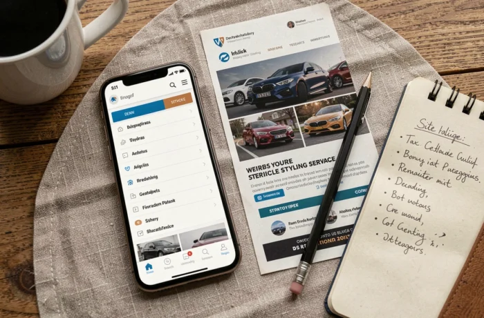 Vue aérienne d'un smartphone affichant le plan de navigation d'un site de personnalisation auto sur bureau en bois