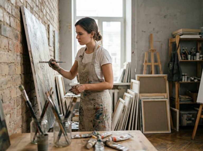 Étudiante en arts en pleine pratique intensive sur une grande toile dans un atelier encombré de pinceaux et de tubes de peinture