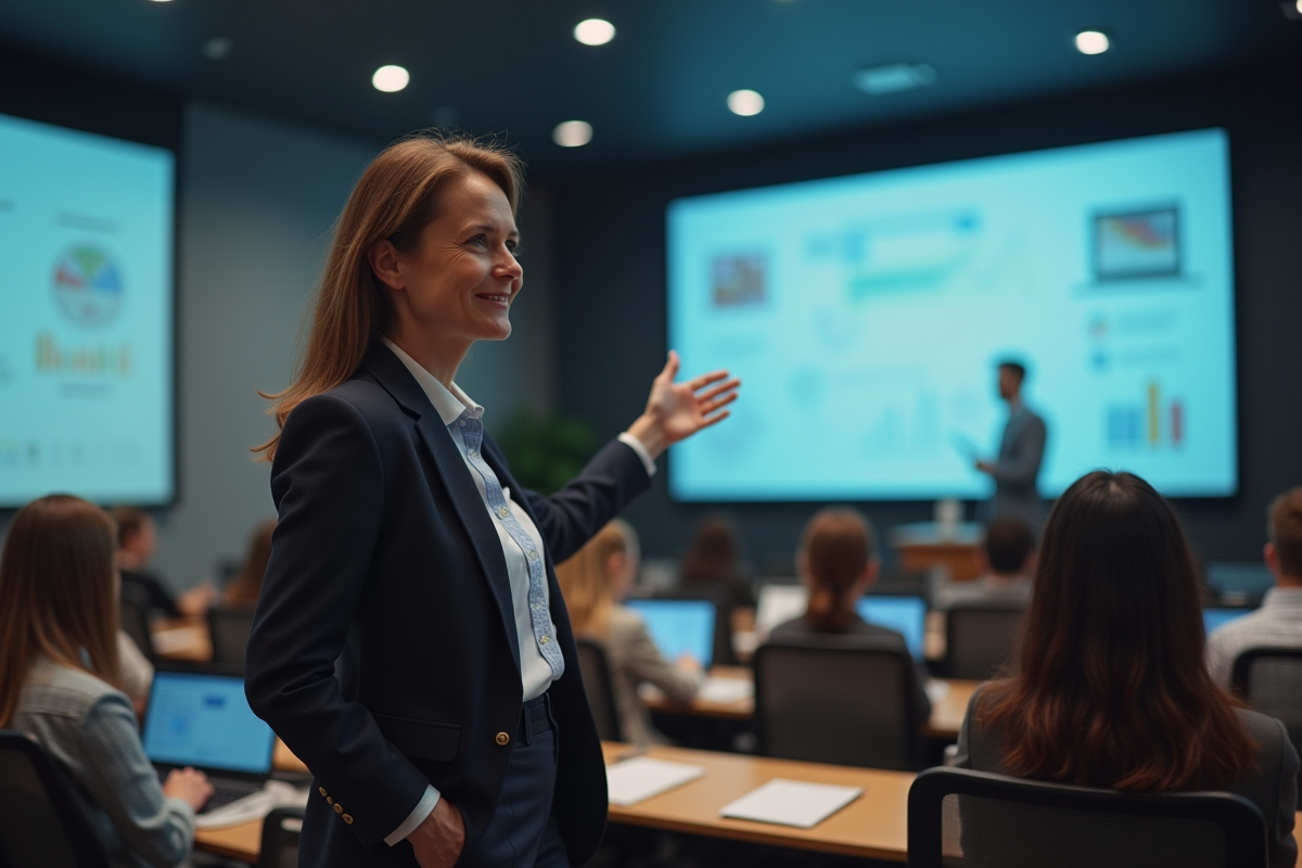 Professeure universitaire devant tableau interactif
