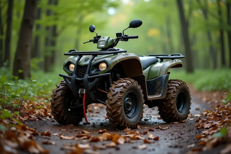 Quad Hytrack garé sur un sentier forestier boueux entouré de végétation dense