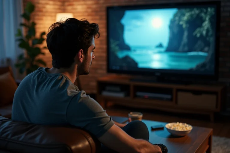 Homme regardant Lost saison 5 en streaming sur sa télévision dans un salon confortable