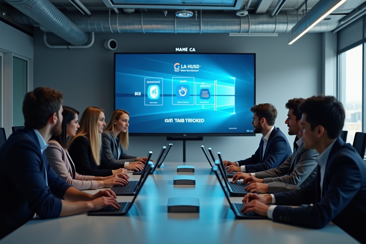 Groupe de personnes discutant de mise a jour Windows en réunion