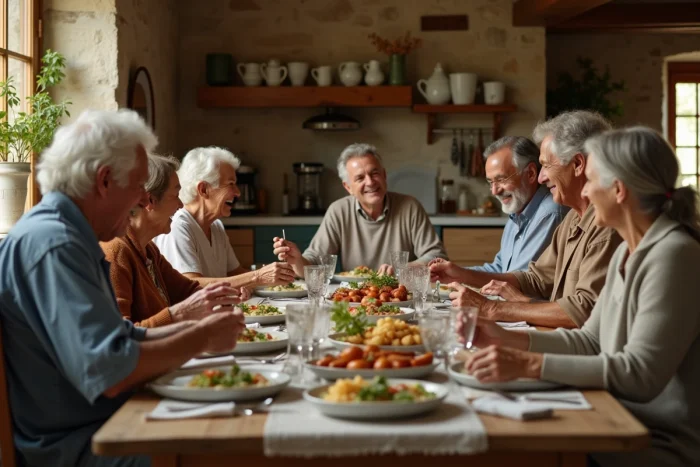 Réunion de famille autour d'une grande table dans une maison de campagne, scène authentique et chaleureuse de vie familiale privée