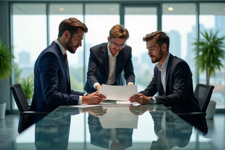 Trois professionnels en réunion dans un bureau moderne