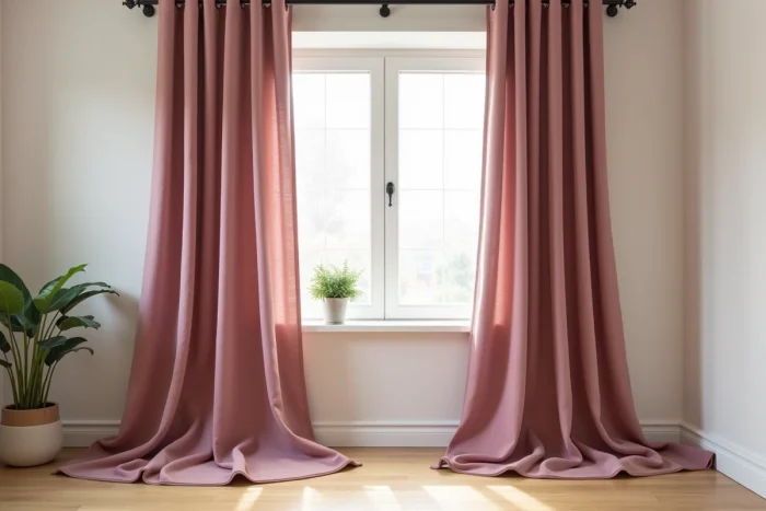 Rideaux occultants thermiques en tissu lin rose poudré habillant une fenêtre de chambre