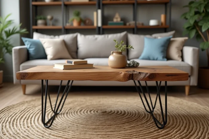Table basse en bois brut avec pieds en métal noir dans un salon style industriel naturel