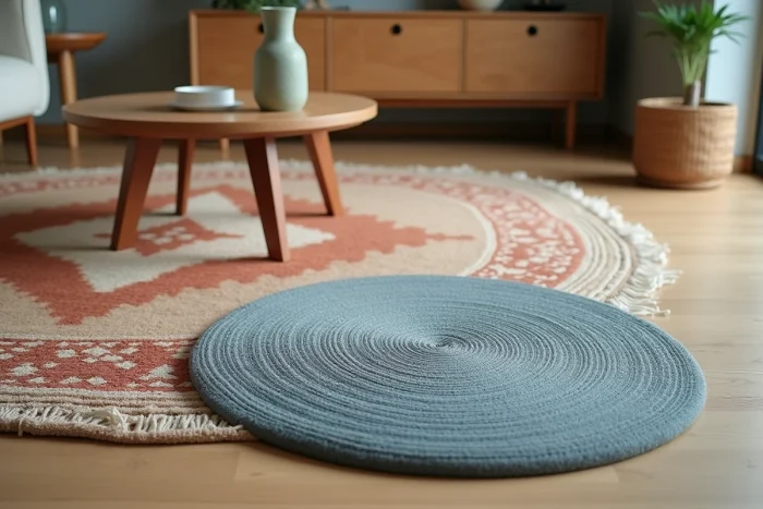 Tapis superposés kilim et laine pour délimiter une zone salon dans un intérieur moderne