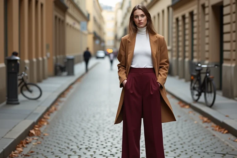 Femme élégante en blazer camel oversize et pantalon bordeaux large, look tendance automne dans une rue parisienne pavée