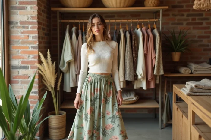 Jeune femme en jupe midi imprimée botanique et top en maille côtelée crème, shopping dans une boutique de mode bohème chic