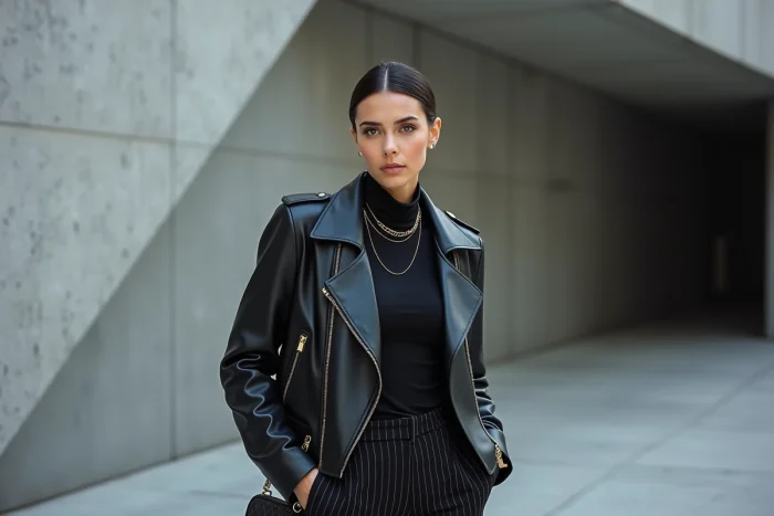 Femme en look total black avec veste en cuir biker et pantalon cigarette, style minimaliste urbain moderne