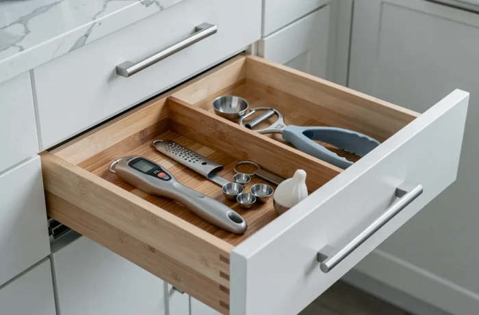 Tiroir de cuisine bien organisé avec des ustensiles essentiels rangés dans un organisateur en bambou