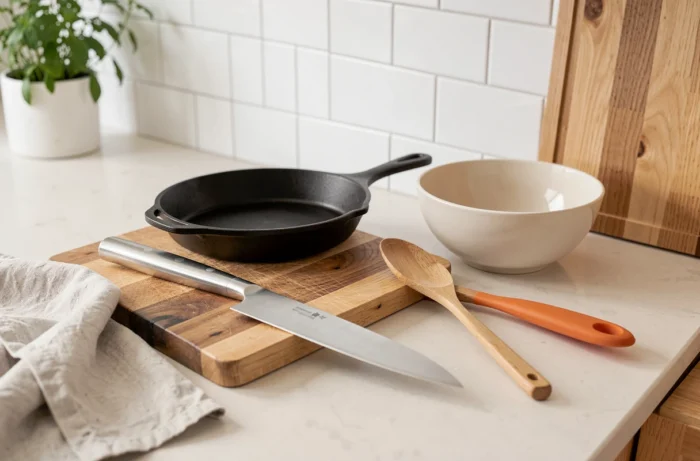 Ustensiles de cuisine essentiels disposés sur un plan de travail en bois dans une cuisine scandinave moderne