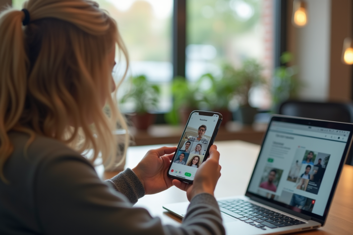 Personne utilisant un smartphone dans un espace de coworking lumineux