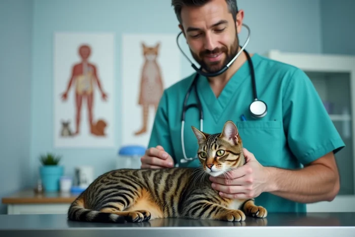 Vétérinaire examinant un chat tigré en clinique vétérinaire, représentant les soins couverts par une assurance santé animale